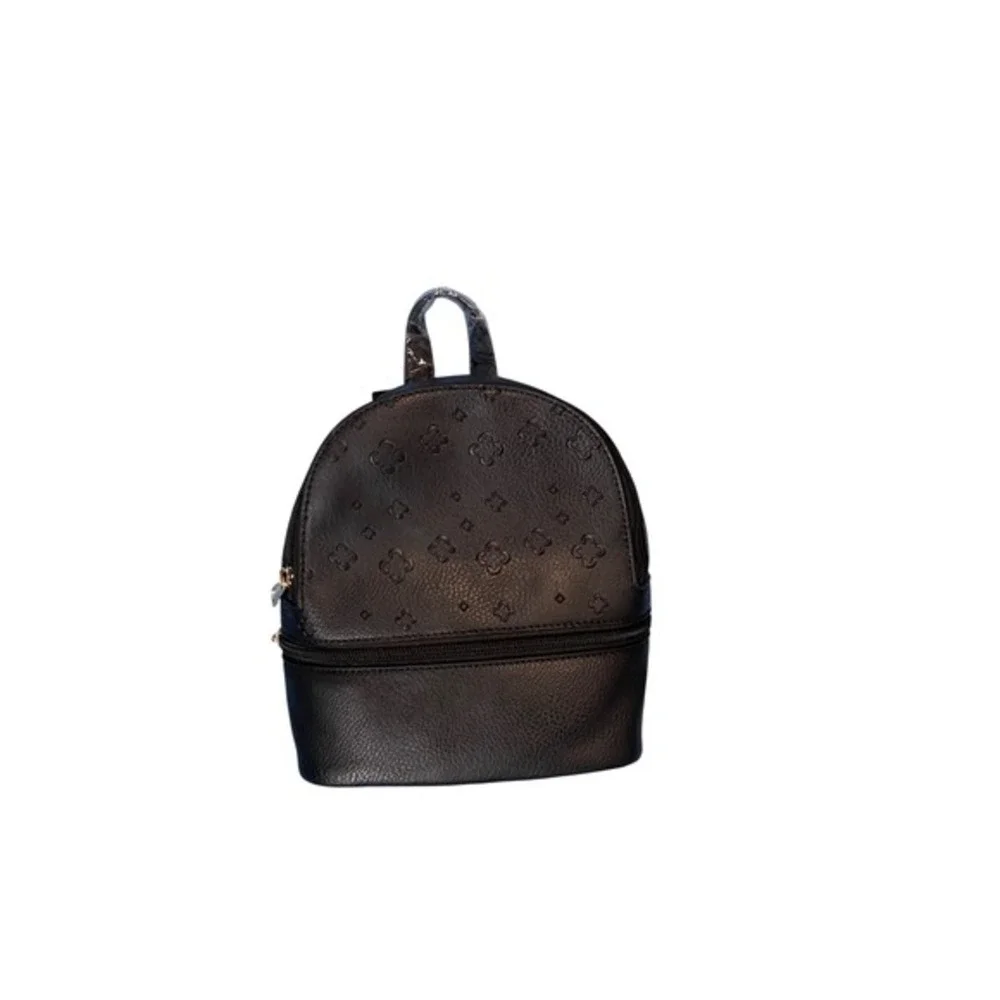 Unbranded Black Faux Leather Mini Backpack Embossed Monogram Two Zip Pockets